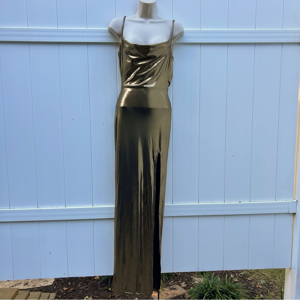 MESHKI Metallic Liquid Gold Floor Length Column Gown with Drape Back | Sz Small